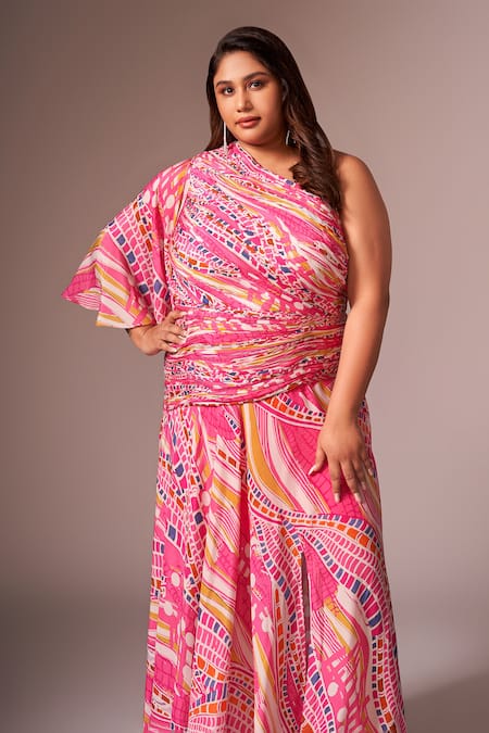 Shop_Neetiandmudita_Pink Crepe Silk Printed Abstract Wave One Shoulder Draped Dress _Online_at_Aza_Fashions