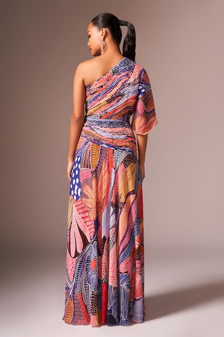 Shop_Neetiandmudita_Multi Color Crepe Silk Printed Floral One Shoulder Draped Dress _at_Aza_Fashions