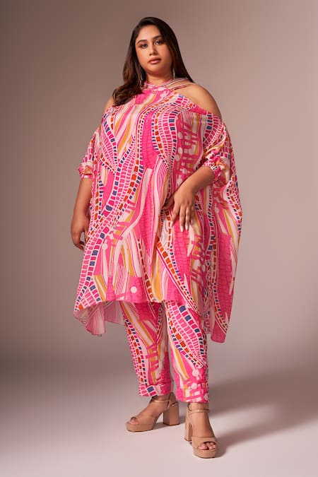 neetiandmudita Pink Crepe Silk Printed Abstract Wave Halter Neck Asymmetric Kurta With Pant 