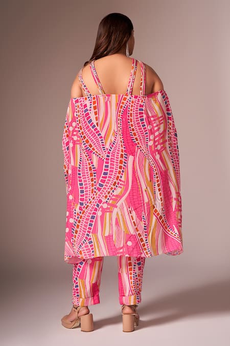 Shop_Neetiandmudita_Pink Crepe, Silk Diamonds Halter Neck Abstract Print Asymmetric Kurta With Pant _at_Aza_Fashions