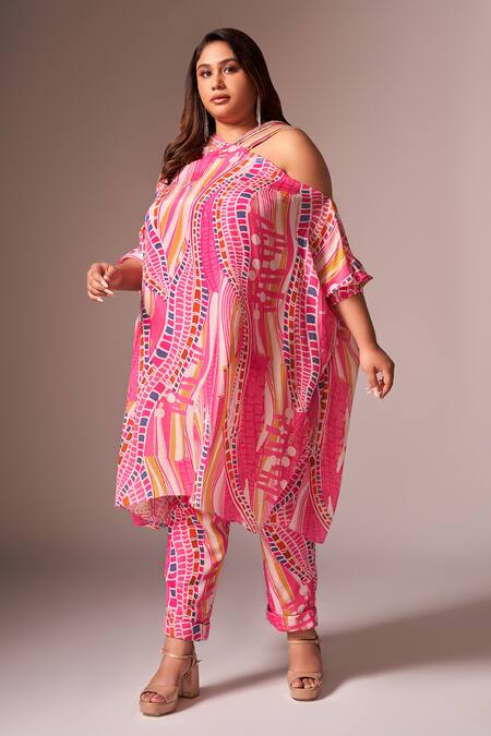 Neetiandmudita_Pink Crepe, Silk Diamonds Halter Neck Abstract Print Asymmetric Kurta With Pant _Online_at_Aza_Fashions