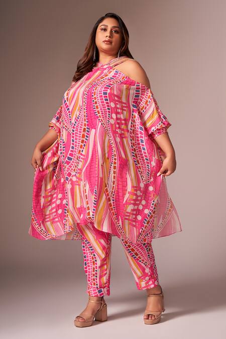 Buy_Neetiandmudita_Pink Crepe, Silk Diamonds Halter Neck Abstract Print Asymmetric Kurta With Pant _Online_at_Aza_Fashions
