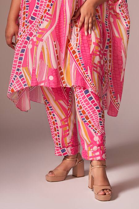 Shop_Neetiandmudita_Pink Crepe, Silk Diamonds Halter Neck Abstract Print Asymmetric Kurta With Pant _Online_at_Aza_Fashions
