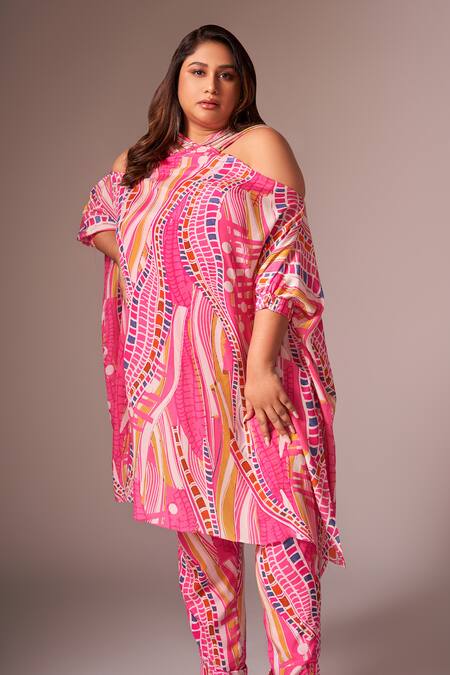 Neetiandmudita_Pink Crepe, Silk Diamonds Halter Neck Abstract Print Asymmetric Kurta With Pant _at_Aza_Fashions