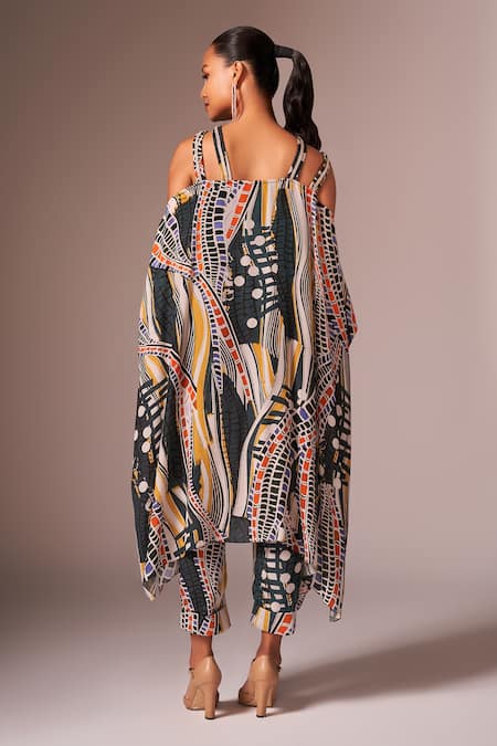Shop_Neetiandmudita_Multi Color Crepe Silk Printed Abstract Wave Halter Asymmetric Kaftan With Pant _at_Aza_Fashions