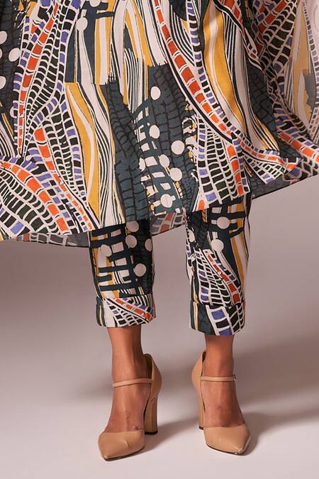 Neetiandmudita_Multi Color Crepe Silk Printed Abstract Wave Halter Asymmetric Kaftan With Pant _Online_at_Aza_Fashions