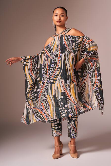 Buy_Neetiandmudita_Multi Color Crepe Silk Printed Abstract Wave Halter Asymmetric Kaftan With Pant _Online_at_Aza_Fashions