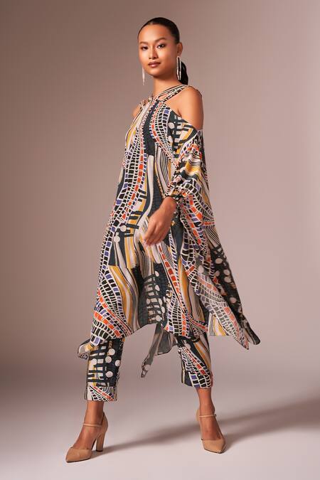 Shop_Neetiandmudita_Multi Color Crepe Silk Printed Abstract Wave Halter Asymmetric Kaftan With Pant _Online_at_Aza_Fashions