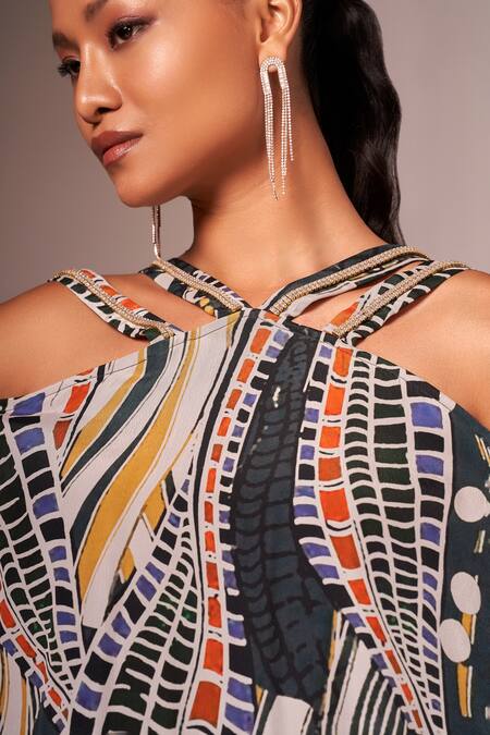 Neetiandmudita_Multi Color Crepe Silk Printed Abstract Wave Halter Asymmetric Kaftan With Pant _at_Aza_Fashions