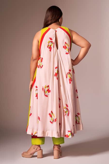 Shop_Neetiandmudita_Pink Silk, Crepe Embroidery Round Neck Floral Print Tunic With Pant _at_Aza_Fashions