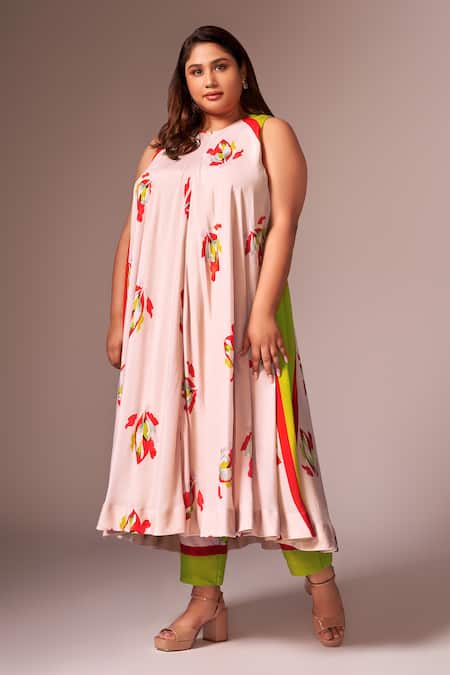 Neetiandmudita_Pink Silk, Crepe Embroidery Round Neck Floral Print Tunic With Pant _Online_at_Aza_Fashions