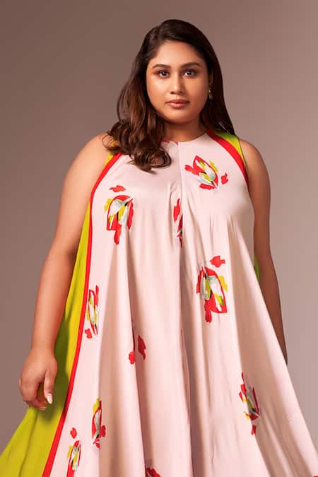 Buy_Neetiandmudita_Pink Silk, Crepe Embroidery Round Neck Floral Print Tunic With Pant _Online_at_Aza_Fashions