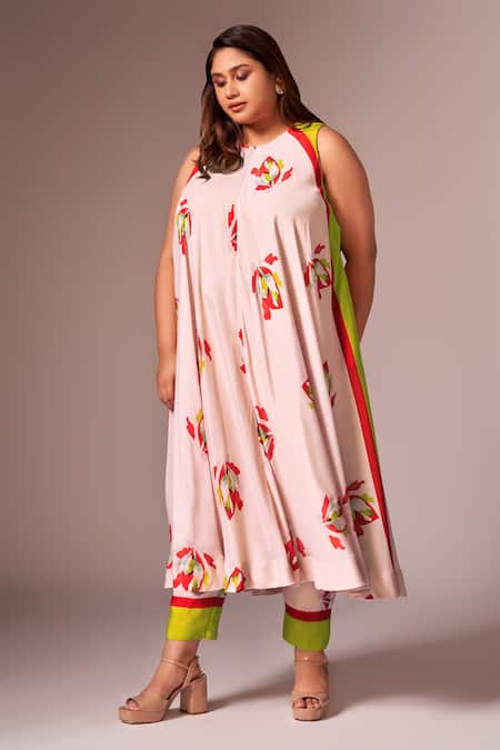 Neetiandmudita_Pink Silk, Crepe Embroidery Round Neck Floral Print Tunic With Pant _at_Aza_Fashions
