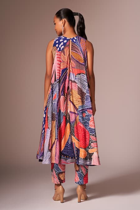 Shop_Neetiandmudita_Multi Color Silk, Crepe Round Neck Floral Print Flowy Tunic With Pant _at_Aza_Fashions