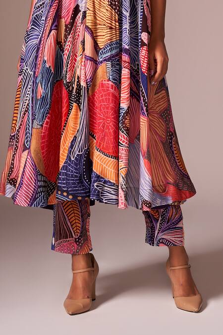 Neetiandmudita_Multi Color Silk, Crepe Round Neck Floral Print Flowy Tunic With Pant _Online_at_Aza_Fashions