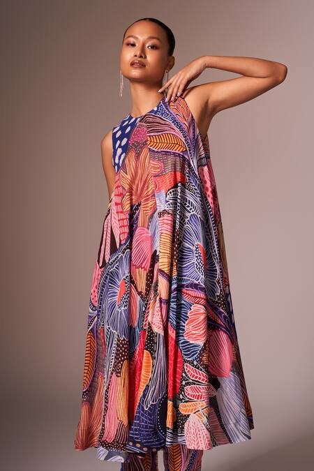 Shop_Neetiandmudita_Multi Color Silk, Crepe Round Neck Floral Print Flowy Tunic With Pant _Online_at_Aza_Fashions