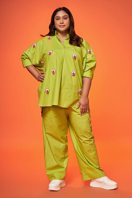 Shop_Neetiandmudita_Green Cotton Embellished Applique Mandarin Collar Pattern Top _at_Aza_Fashions