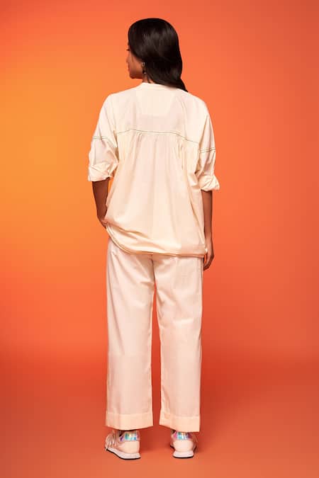 Shop_Neetiandmudita_Ivory Cotton Embellished Applique Mandarin Collar Floral Pattern Top With Pant _at_Aza_Fashions
