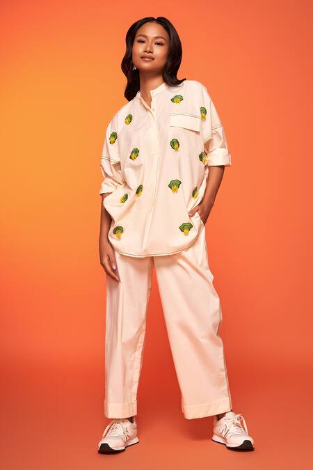Neetiandmudita_Ivory Cotton Embellished Applique Mandarin Collar Floral Pattern Top With Pant _Online_at_Aza_Fashions