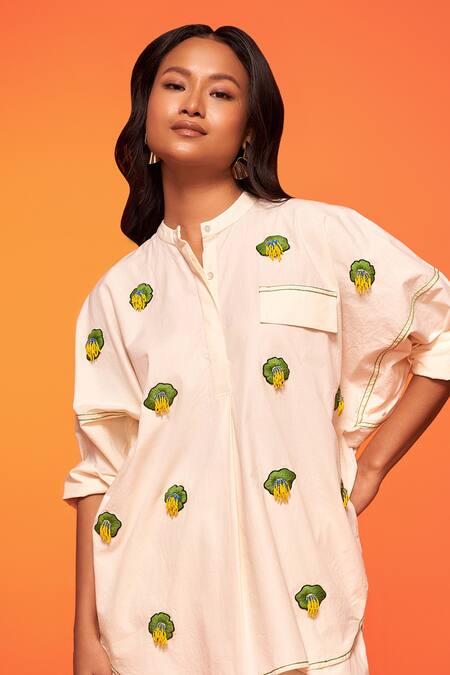 Neetiandmudita_Ivory Cotton Embellished Applique Mandarin Collar Floral Pattern Top With Pant _at_Aza_Fashions