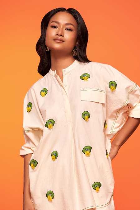 Shop_Neetiandmudita_Ivory Cotton Embellished Applique Mandarin Collar Floral Pattern Top _Online_at_Aza_Fashions