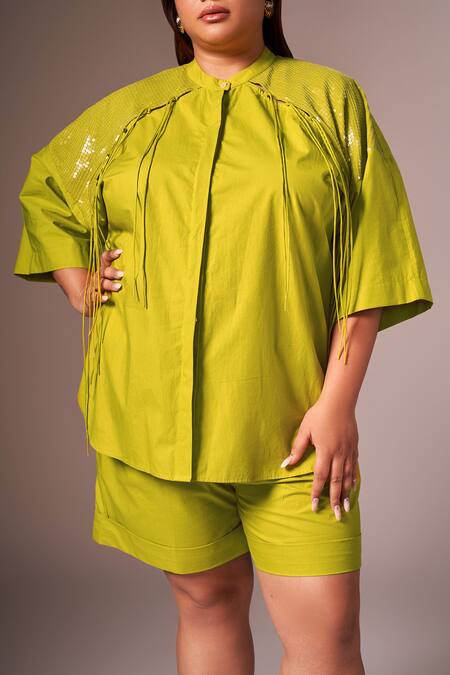 Shop_Neetiandmudita_Green Cotton Embellished Sequin Mandarin Collar Placement Shirt _Online_at_Aza_Fashions