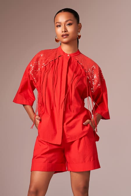 Buy_Neetiandmudita_Red Cotton Embellished Sequin Mandarin Collar Placed Shirt With Shorts _Online_at_Aza_Fashions
