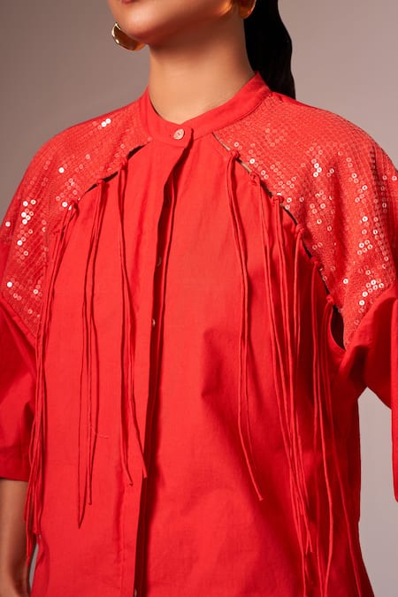 Neetiandmudita_Red Cotton Embellished Sequin Mandarin Collar Placed Shirt With Shorts _at_Aza_Fashions