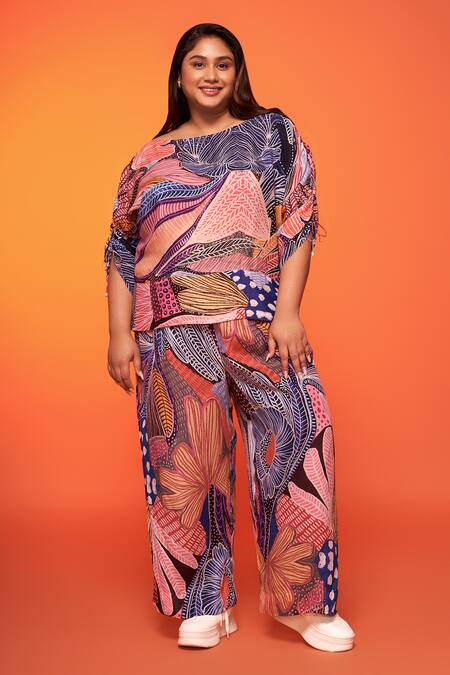 neetiandmudita Multi Color Crepe Silk Print Abstract Floral Boat Neck Top With Pant 