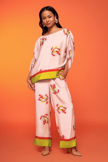 Shop_Neetiandmudita_Pink Crepe Silk Print Abstract Leaf Boat Neck Top With Pant _at_Aza_Fashions