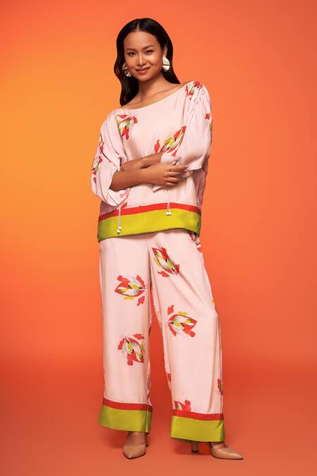 Neetiandmudita_Pink Crepe Silk Print Abstract Leaf Boat Neck Top With Pant _Online_at_Aza_Fashions