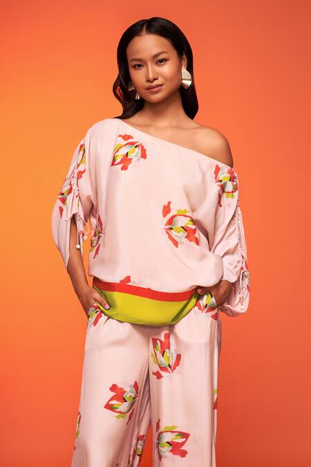 Shop_Neetiandmudita_Pink Crepe Silk Print Abstract Leaf Boat Neck Top With Pant _Online_at_Aza_Fashions
