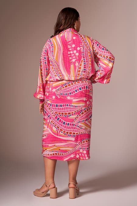 Shop_Neetiandmudita_Pink Crepe Silk Print Abstract Collared Neck Draped Dress _at_Aza_Fashions