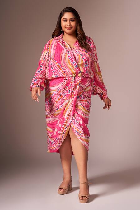 Neetiandmudita_Pink Crepe Silk Print Abstract Collared Neck Draped Dress _Online_at_Aza_Fashions