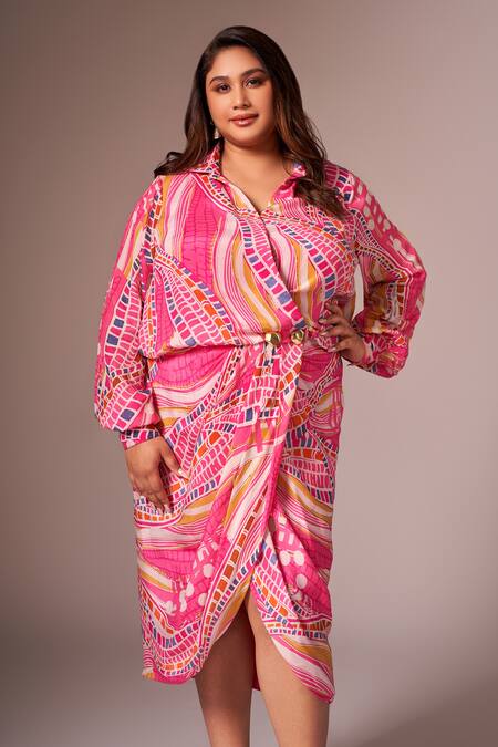 Buy_Neetiandmudita_Pink Crepe Silk Print Abstract Collared Neck Draped Dress _Online_at_Aza_Fashions