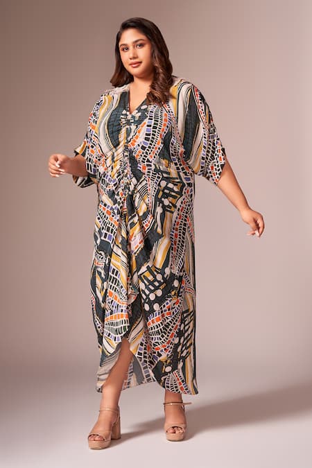 Shop_Neetiandmudita_Green Crepe Silk Print Abstract V Neck Ruched Dress _at_Aza_Fashions