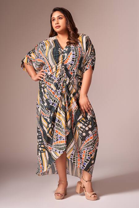 Buy_Neetiandmudita_Green Crepe Silk Print Abstract V Neck Ruched Dress _Online_at_Aza_Fashions