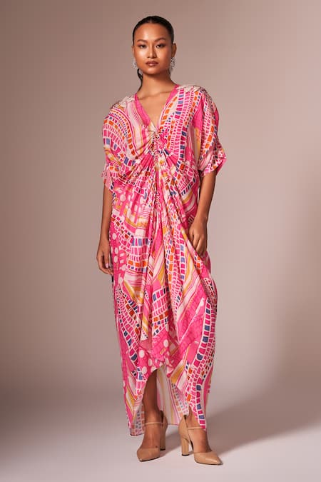 Shop_Neetiandmudita_Pink Crepe Silk Print Abstract V Neck Ruched Dress _at_Aza_Fashions
