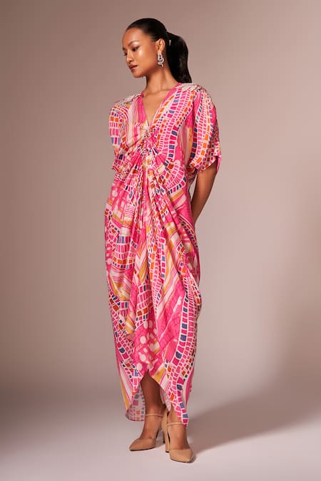 Neetiandmudita_Pink Crepe Silk Print Abstract V Neck Ruched Dress _Online_at_Aza_Fashions