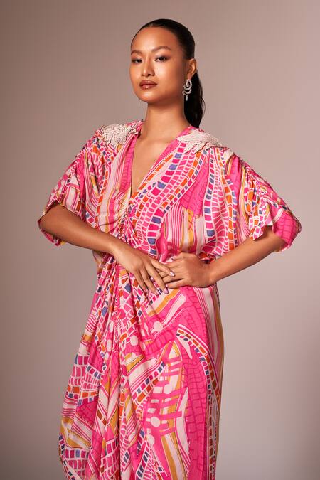 Buy_Neetiandmudita_Pink Crepe Silk Print Abstract V Neck Ruched Dress _Online_at_Aza_Fashions