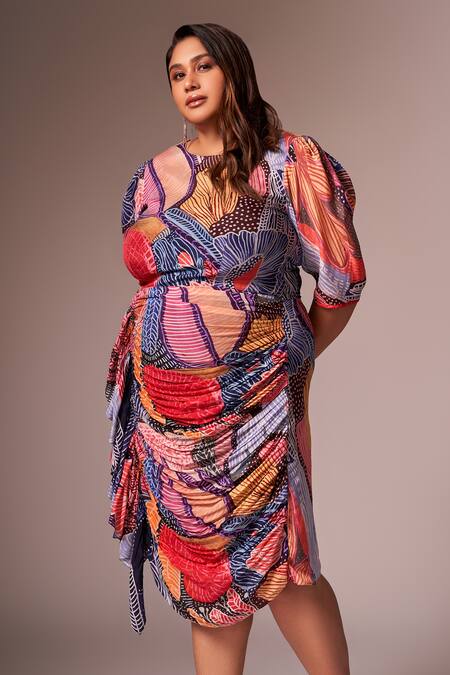 Neetiandmudita Multi Color Crepe Silk Print Abstract Round Neck Tropical Dress Online at Aza Fashions Neetiandmudita_Multi Color Crepe Silk Print Abstract Round Neck Tropical Dress _Online_at_Aza_Fashions