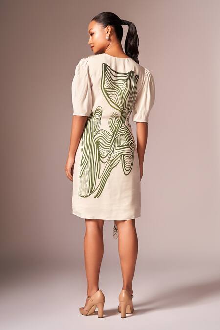 Shop Neetiandmudita White Crepe Silk Print Abstract Round Neck Dress at Aza Fashions Shop_Neetiandmudita_White Crepe Silk Print Abstract Round Neck Dress _at_Aza_Fashions