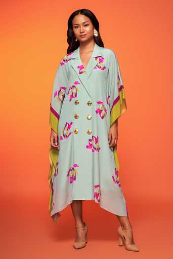 Neetiandmudita Blue Crepe, Silk Brooches Collared Vintage Floral Print Kaftan Online at Aza Fashions Neetiandmudita_Blue Crepe, Silk Brooches Collared Vintage Floral Print Kaftan _Online_at_Aza_Fashions