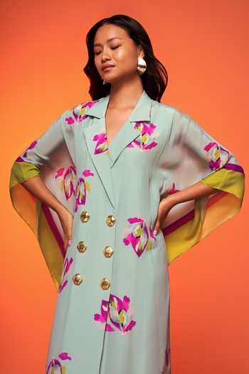 Buy Neetiandmudita Blue Crepe, Silk Brooches Collared Vintage Floral Print Kaftan Online at Aza Fashions Buy_Neetiandmudita_Blue Crepe, Silk Brooches Collared Vintage Floral Print Kaftan _Online_at_Aza_Fashions