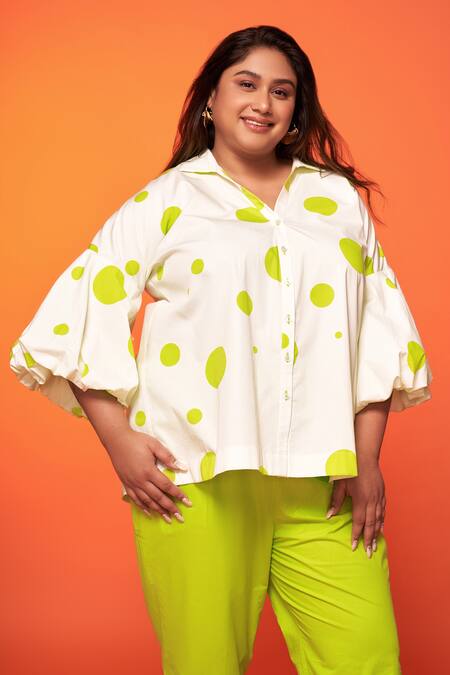 Neetiandmudita_Ivory Cotton Print Polka Collared Neck Shirt With Pant _at_Aza_Fashions