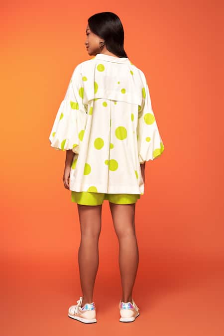 Shop_Neetiandmudita_Ivory Cotton Print Polka Collared Neck Shirt With Shorts _at_Aza_Fashions