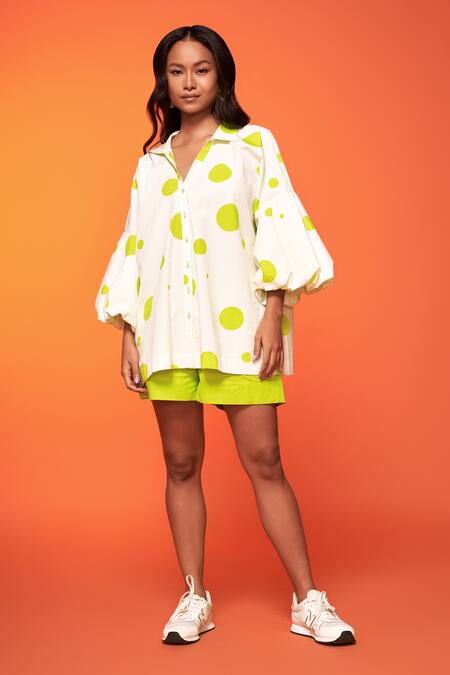 Buy_Neetiandmudita_Ivory Cotton Print Polka Collared Neck Shirt With Shorts _Online_at_Aza_Fashions