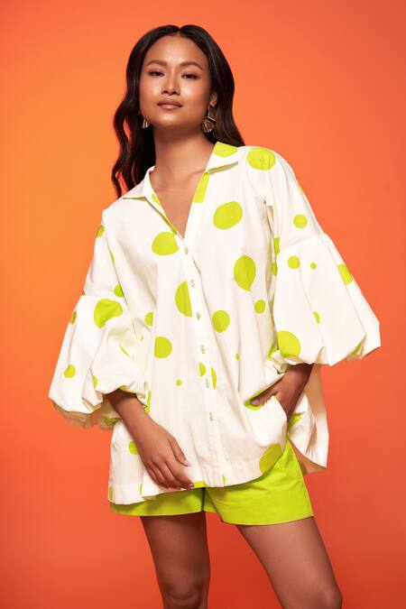 Shop_Neetiandmudita_Ivory Cotton Print Polka Collared Neck Shirt With Shorts _Online_at_Aza_Fashions