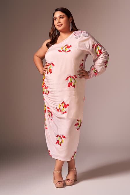 Shop_Neetiandmudita_Pink Crepe Silk Print Abstract Asymmetric Neck One Shoulder Dress _at_Aza_Fashions