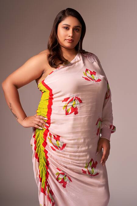 Neetiandmudita_Pink Crepe Silk Print Abstract Asymmetric Neck One Shoulder Dress _Online_at_Aza_Fashions